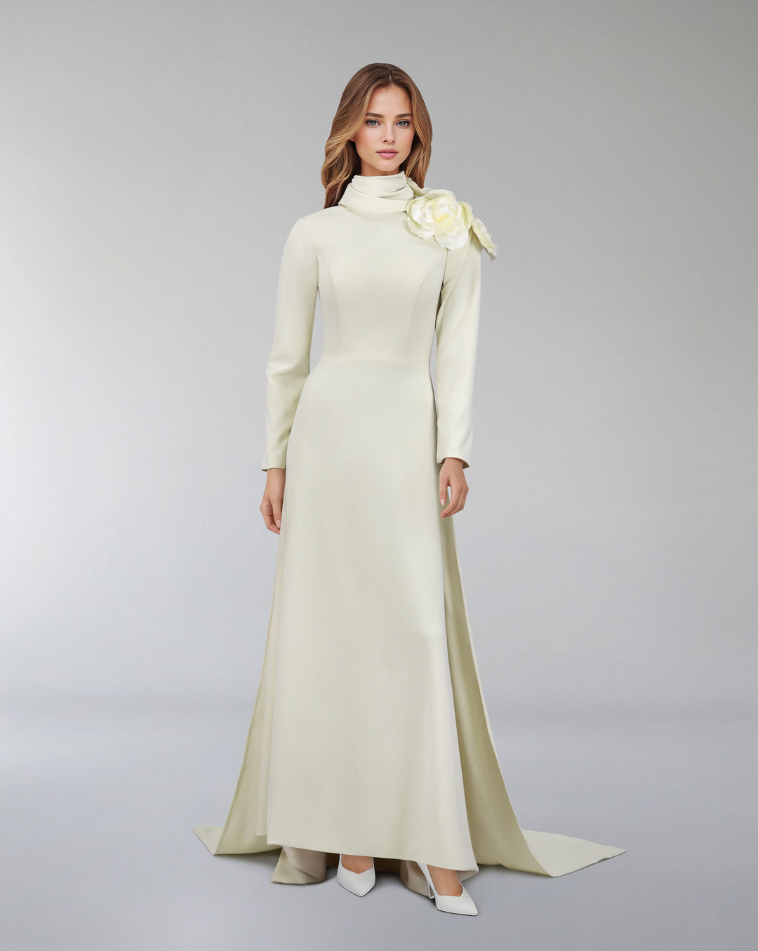 long sleeve dress with crumpled high neck and 3D flowers-Ghadah