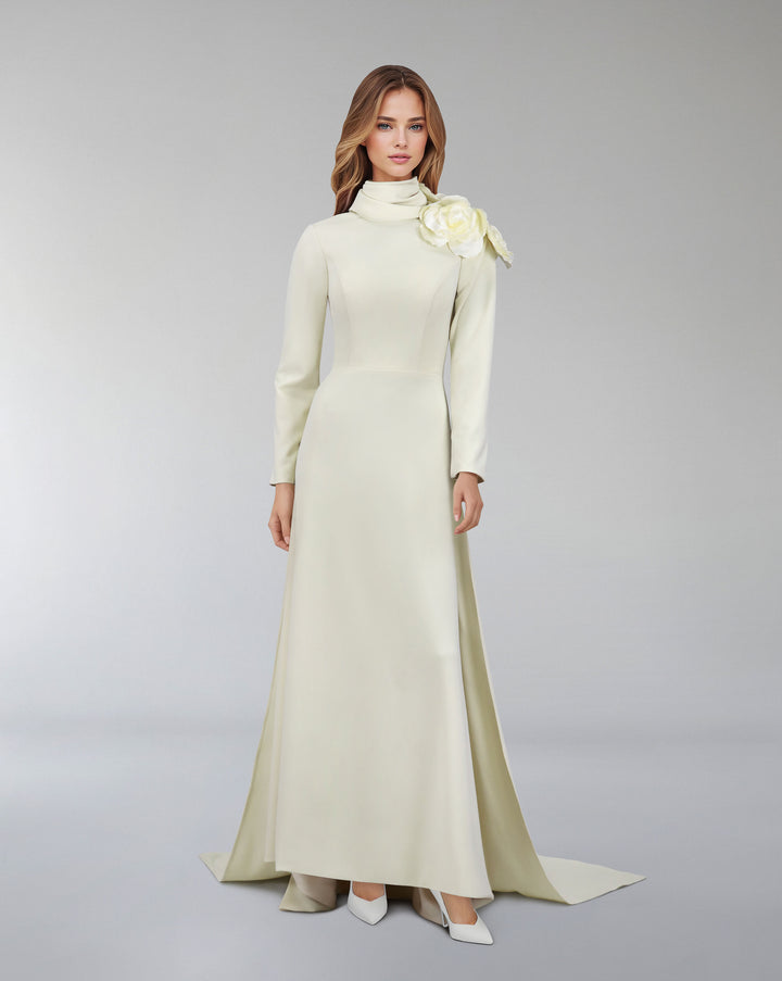 long sleeve dress with crumpled high neck and 3D flowers-Ghadah