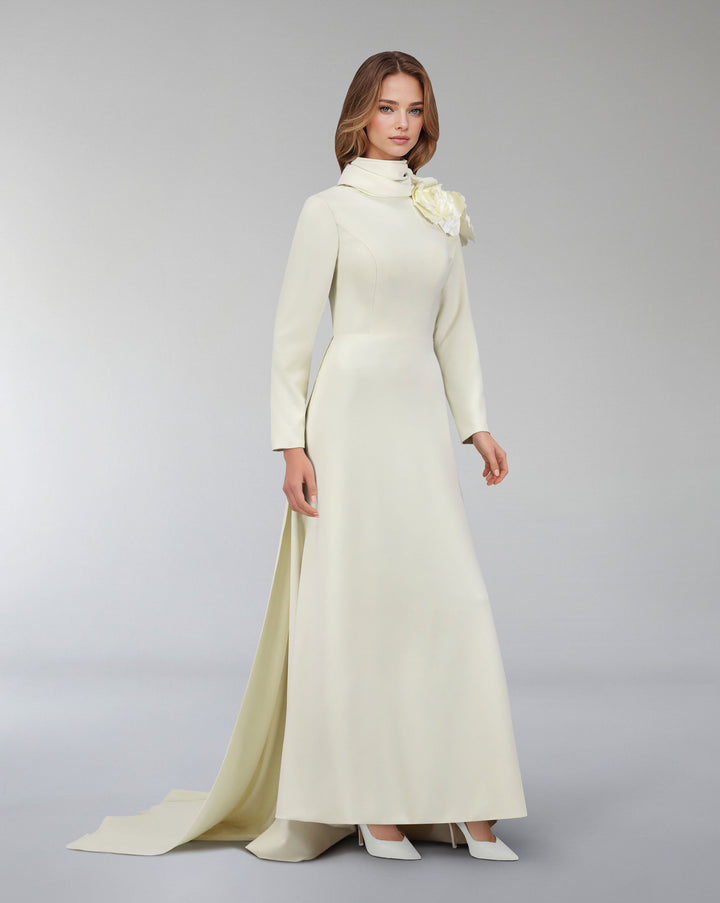 long sleeve dress with crumpled high neck and 3D flowers-Ghadah