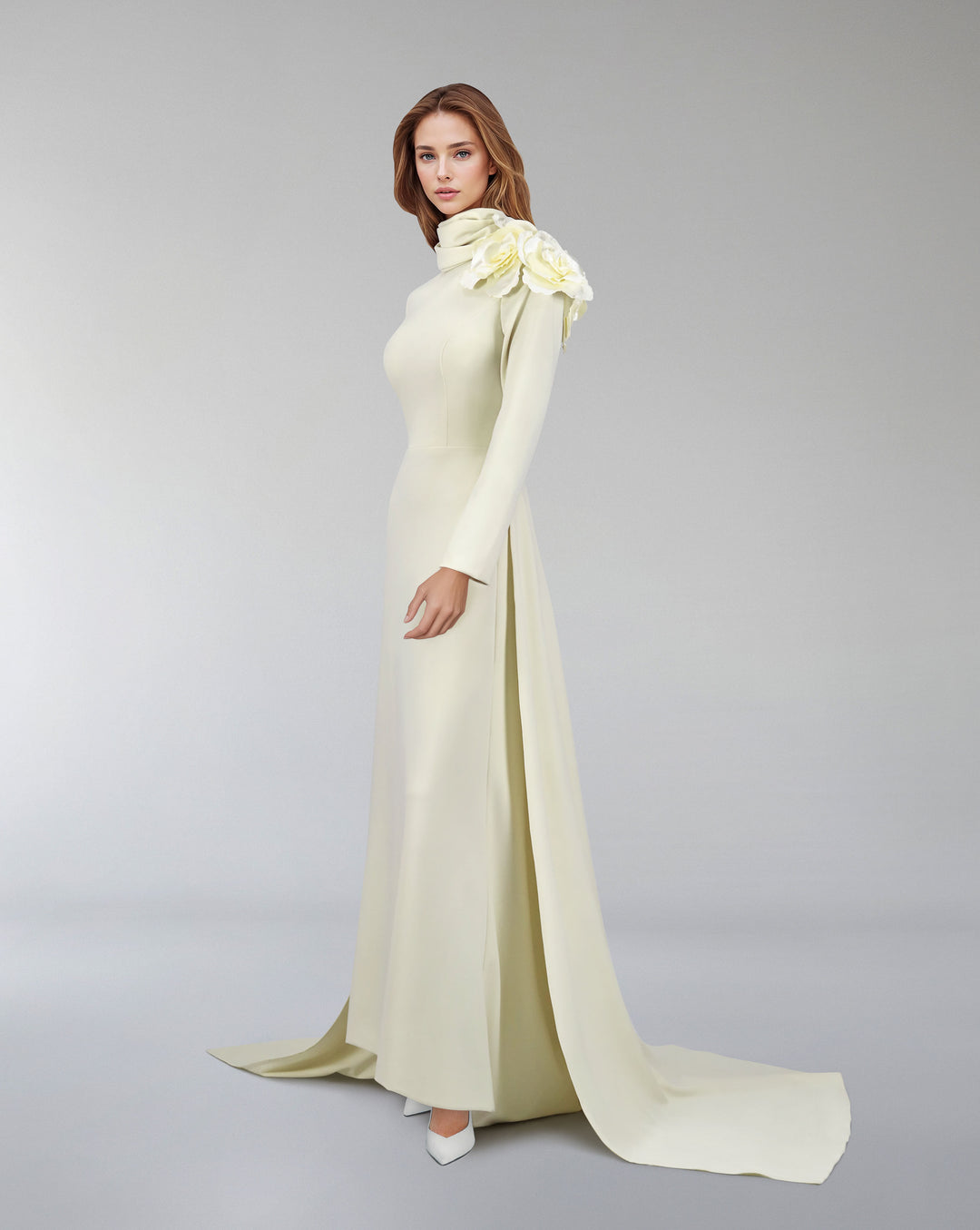 long sleeve dress with crumpled high neck and 3D flowers-Ghadah