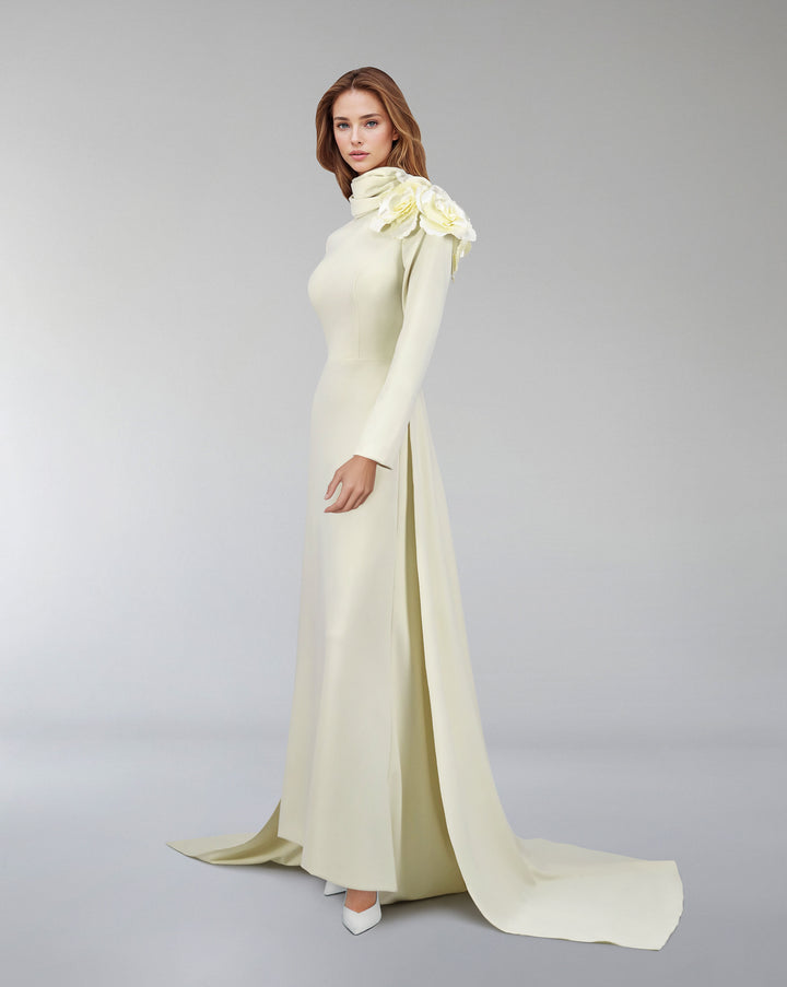 long sleeve dress with crumpled high neck and 3D flowers-Ghadah