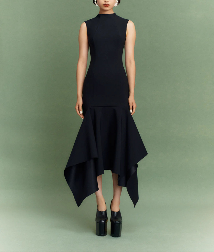 sleeveless high-neck midi dress with asymmetric flounce hem – TRINITY