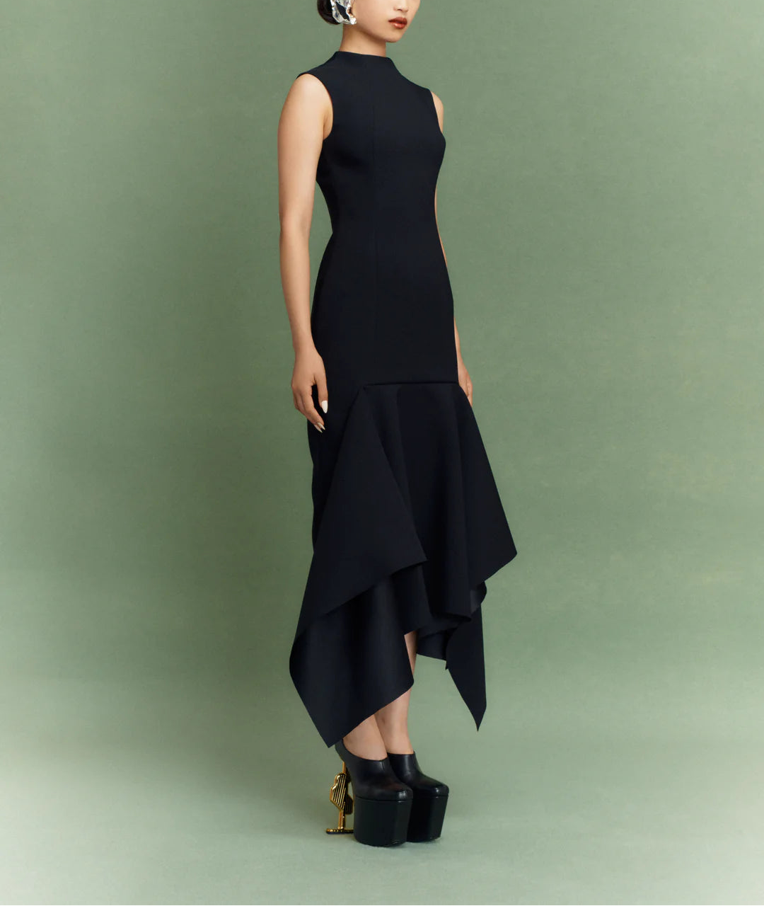 sleeveless high-neck midi dress with asymmetric flounce hem – TRINITY