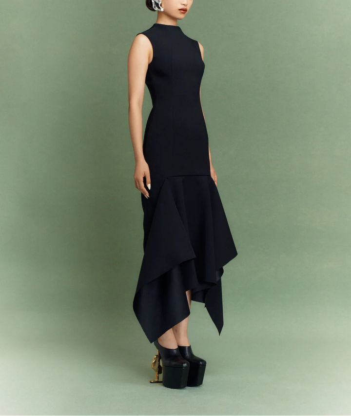 sleeveless high-neck midi dress with asymmetric flounce hem – TRINITY