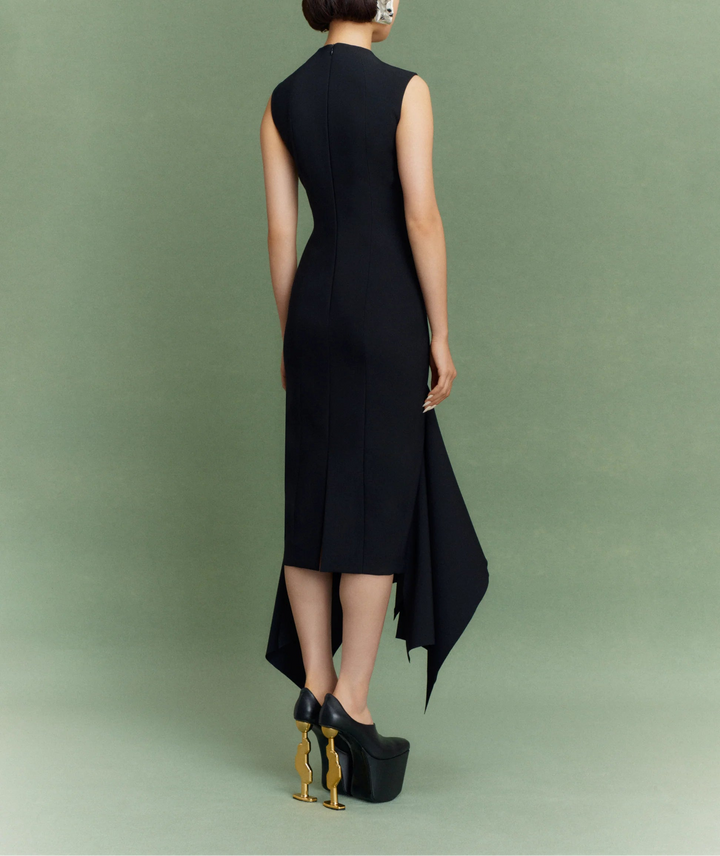 sleeveless high-neck midi dress with asymmetric flounce hem – TRINITY