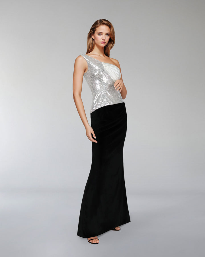 Asymmetrical sequined dress with velvet skirt - ROMAL
