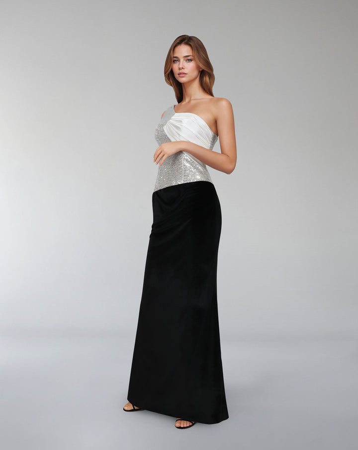 Asymmetrical sequined dress with velvet skirt - ROMAL