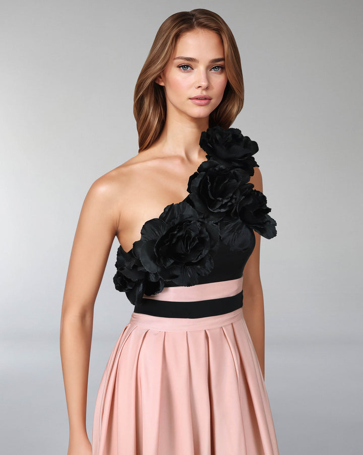 Shoulder off bicolour dress with 3D flowers - MALLEN