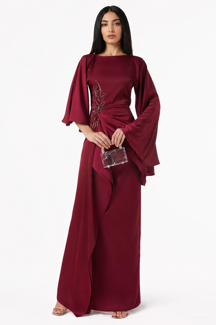 Burgundy Draped Satin Evening Dress with Embellished Waist Detail – NOIRÉLLE