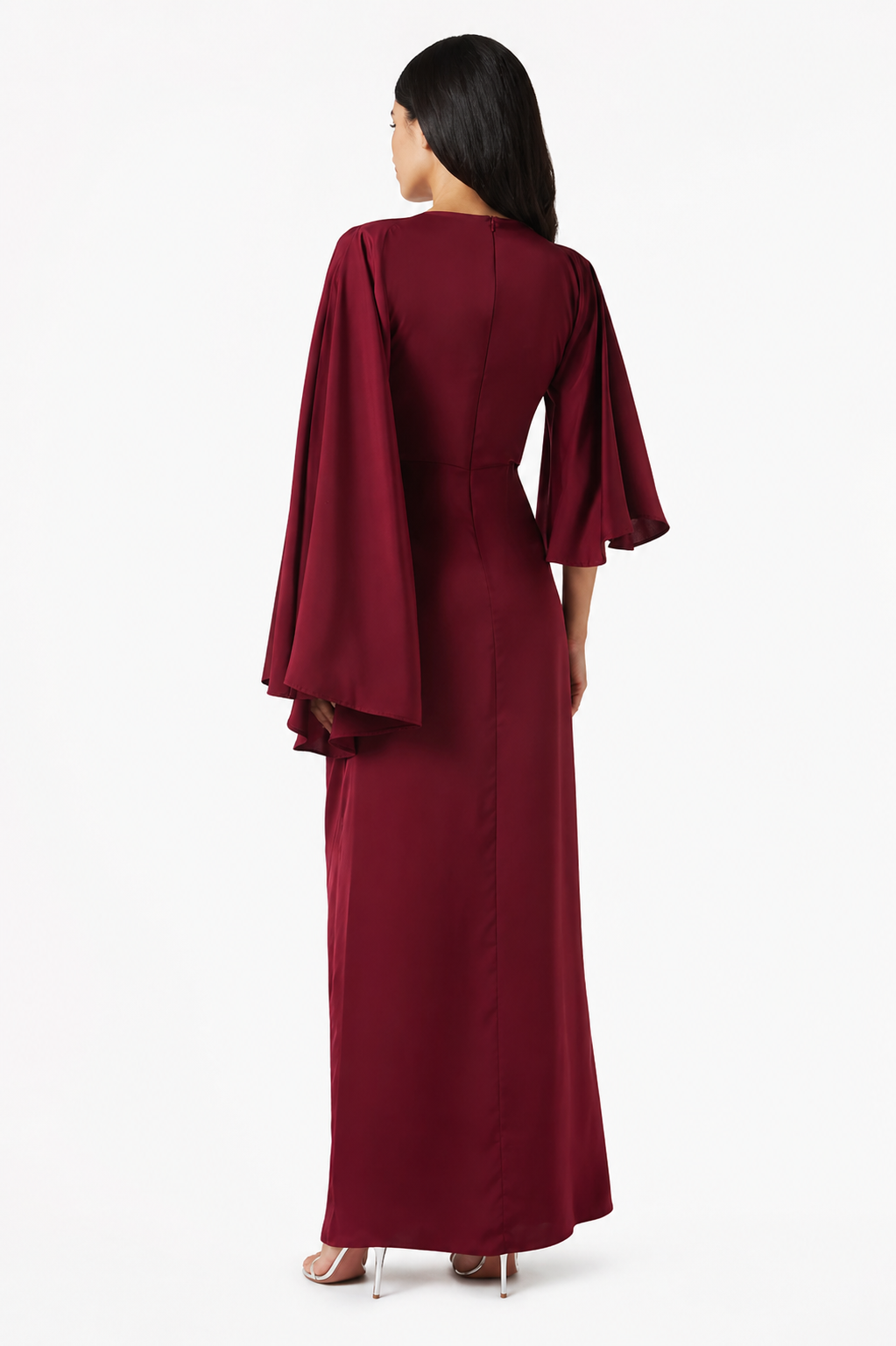 Burgundy Draped Satin Evening Dress with Embellished Waist Detail – NOIRÉLLE