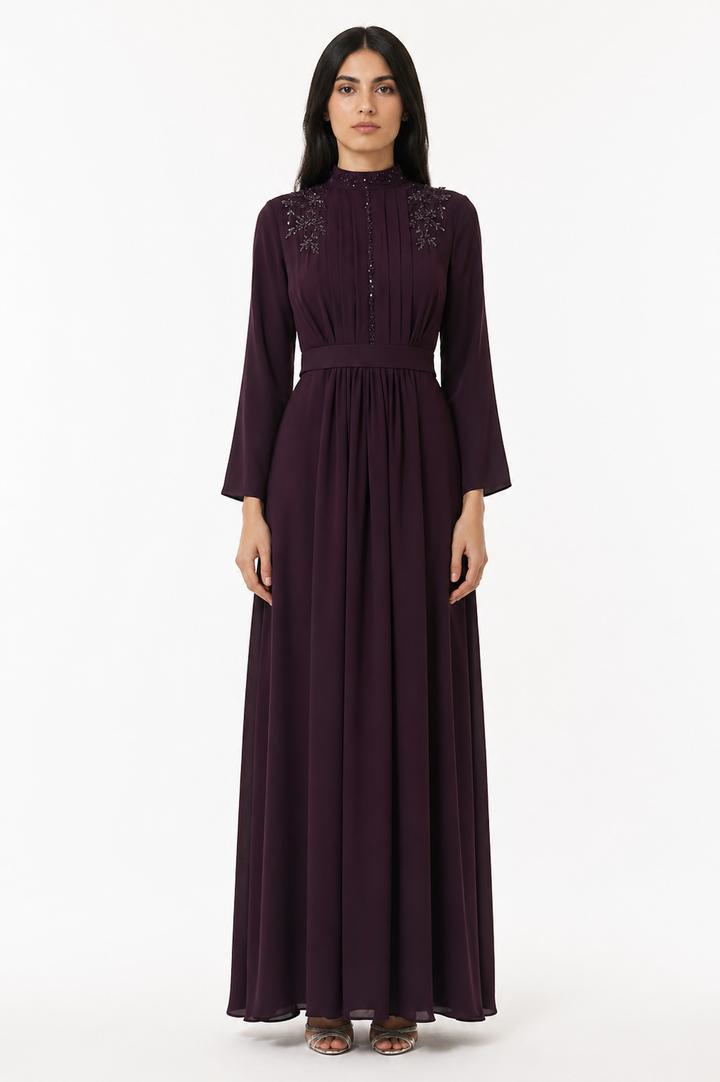Plum High-Neck Embroidered Pleated Maxi Dress – SERAPHINE