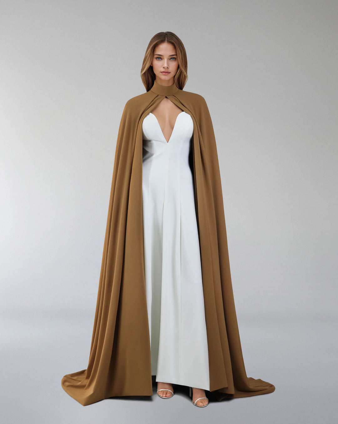 Hearted neckline dress with maxi cape-Sulaaf