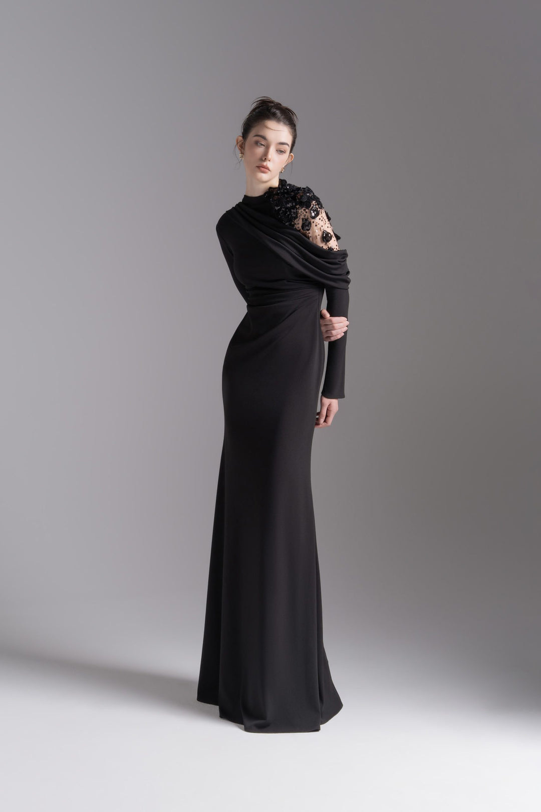 Asymmetric embellished shoulder gown – NOCTURNE