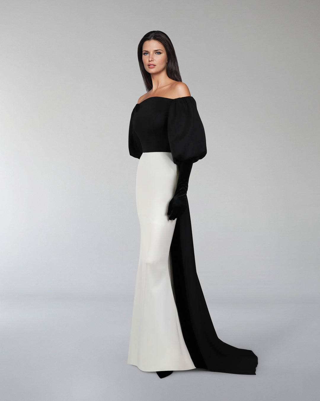 أكتاف قبالة فستان بيكولور مع الأكمام المنتفخة والقفازات - لواه