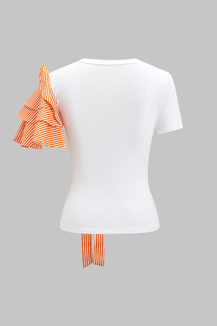 Stripe Print 3D Floral Short Sleeve Top And Button Wide Leg Trousers Set