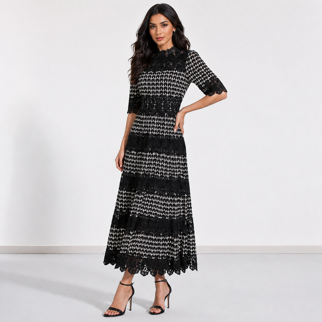 Vintage Lace High-Neck Maxi Dress - Noir