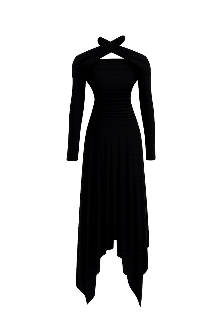 Twist Neck Asymmetrical Maxi Dress - Noir