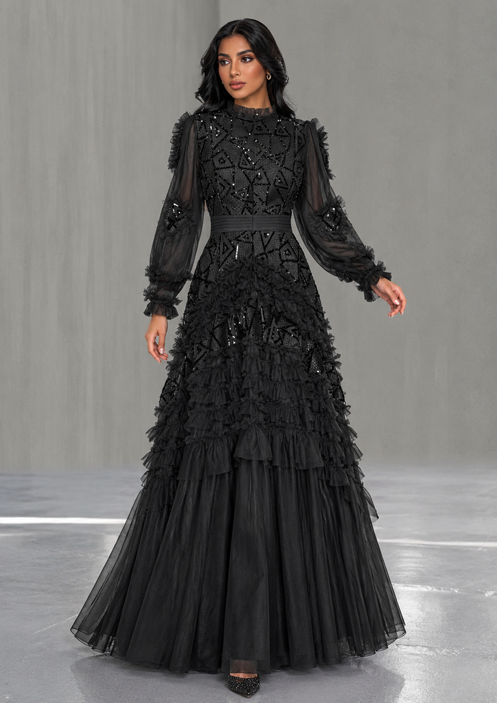 Gold Embellished Ruffle Evening Gown – Aurelia