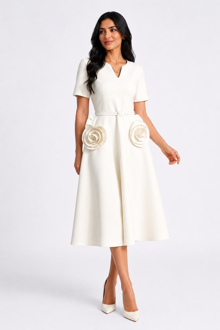 Rose Appliqué Belted Midi Dress - Pearl