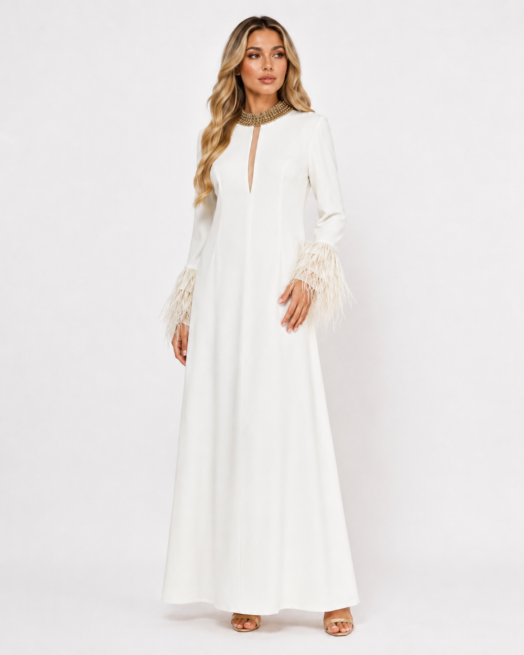 Embellished Collar Feather Sleeve Maxi Dress - Classic