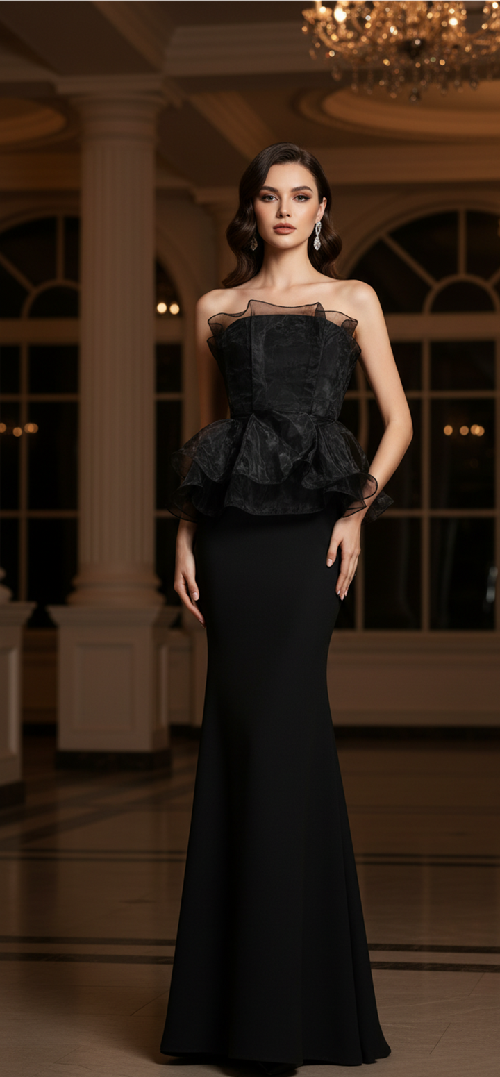strapless peplum mermaid gown with organza overlay – BELLE