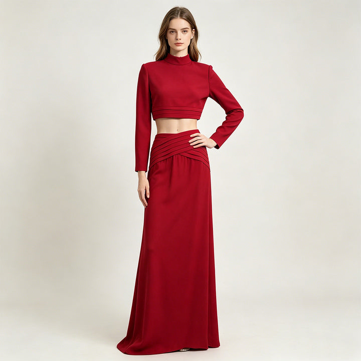 Cropped Long Sleeve Top & Maxi Skirt Set - Scarlet