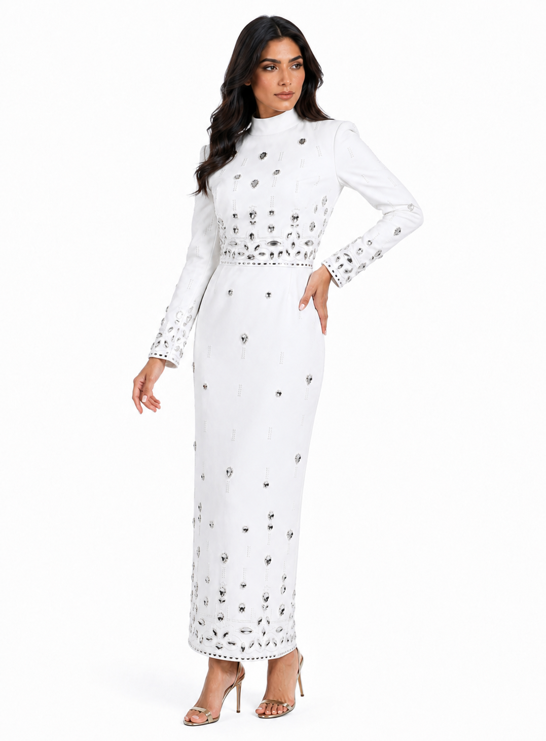 Radiant Crystal Embellished High Neck Maxi Dress - Sunshinee