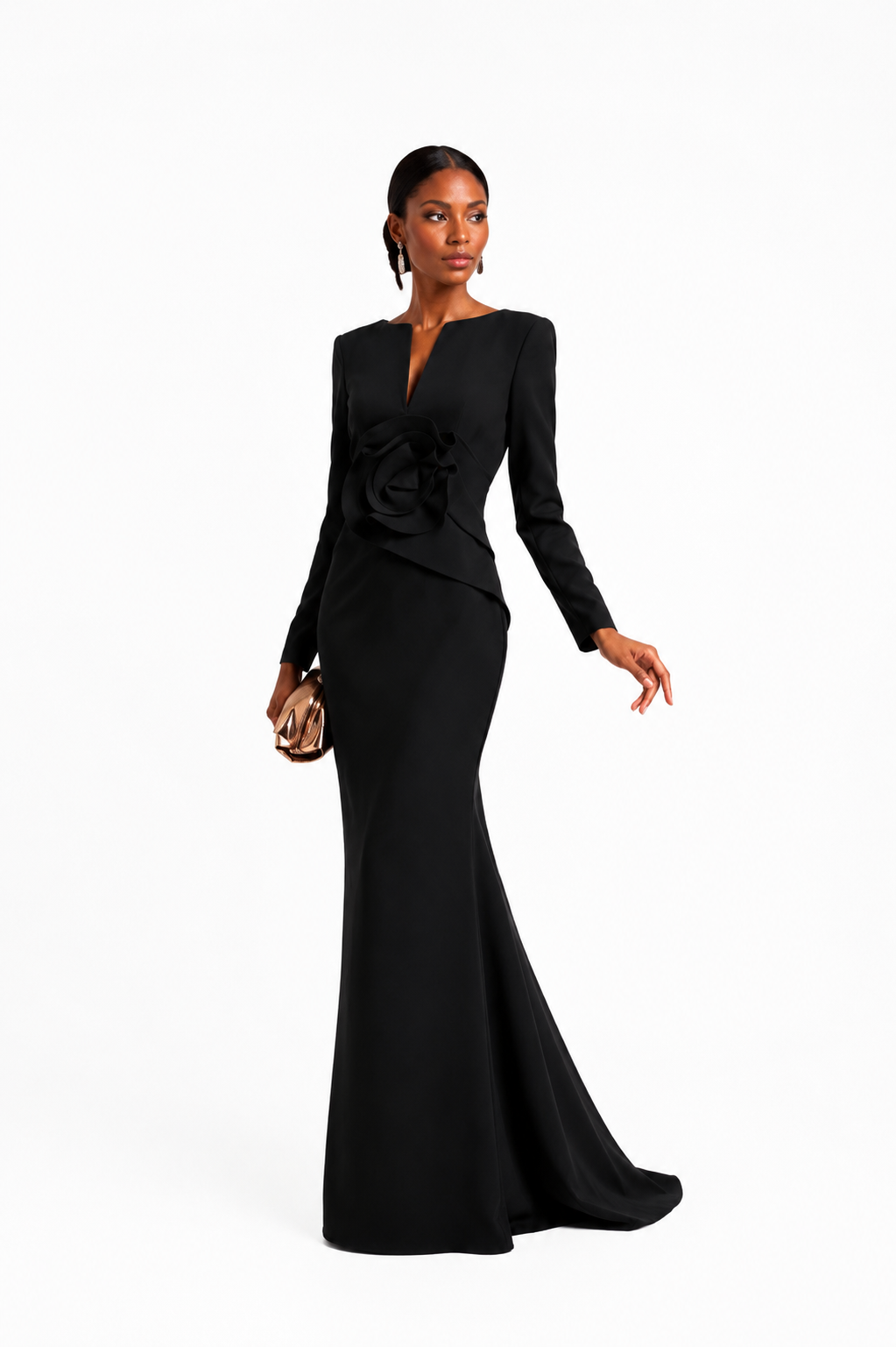 Black Floral-Appliqué Long Sleeve Gown – Obsidian