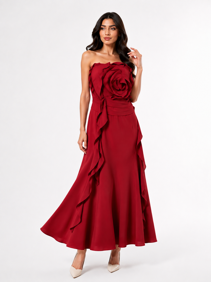Ivory 3D Rose Strapless Midi Dress – Rosette