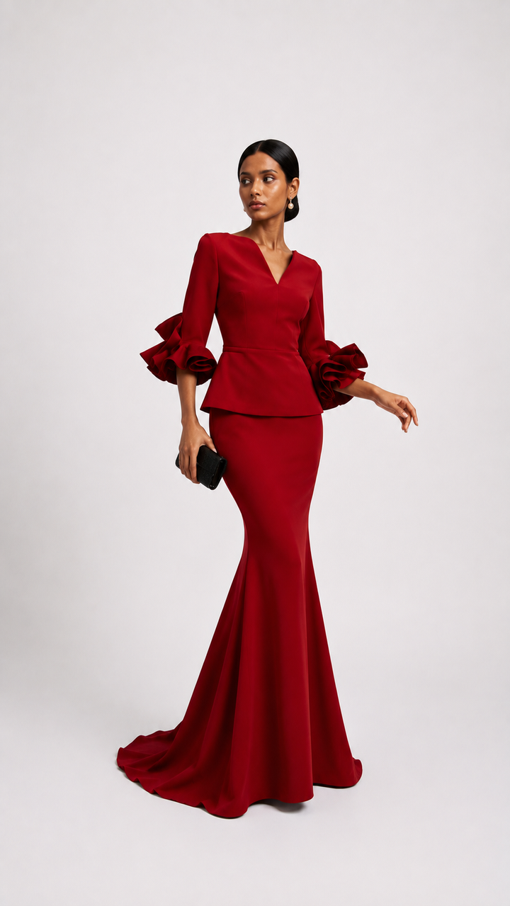 Red Ruffle Sleeve Peplum Mermaid Dress – VALENCIA