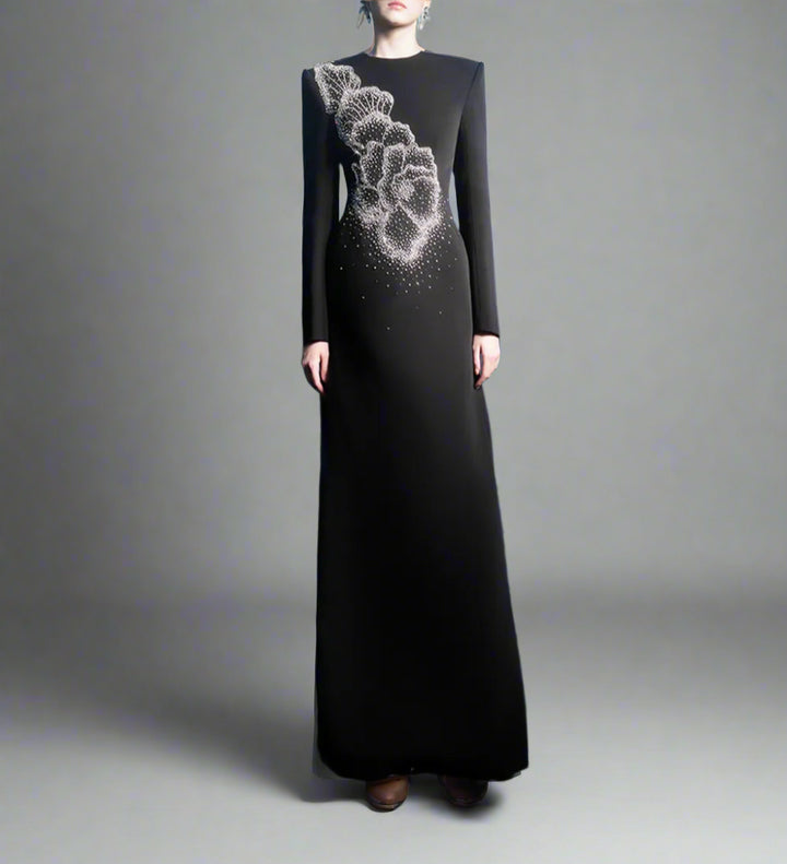 Long-Sleeve A-line Dress with Beaded Floral Accents - BLOSSOM