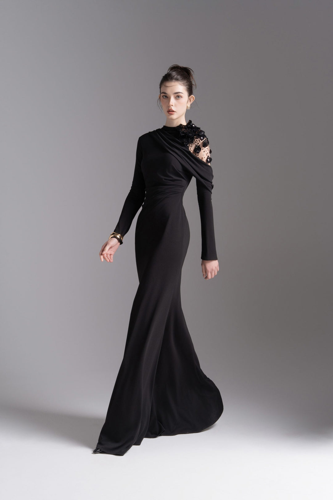 Asymmetric embellished shoulder gown – NOCTURNE