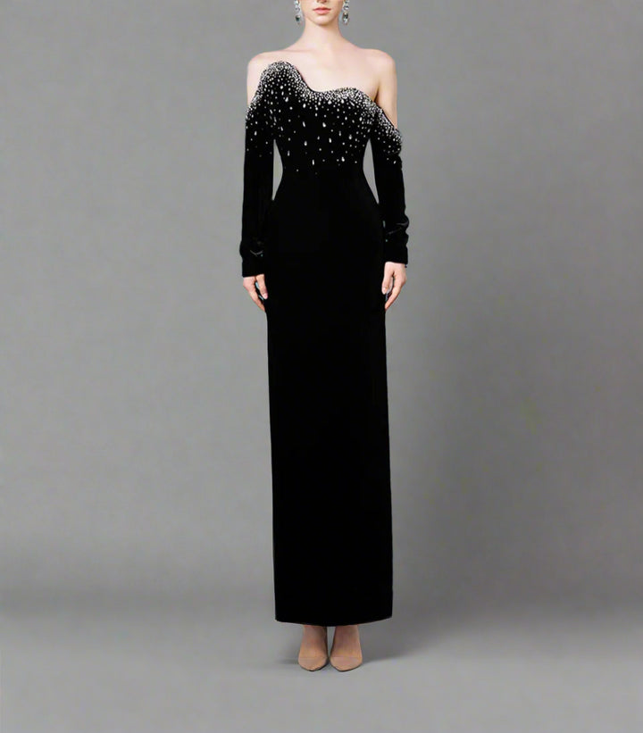 Long-Sleeve Column Dress with Crystal Embellishments - Marilyn
