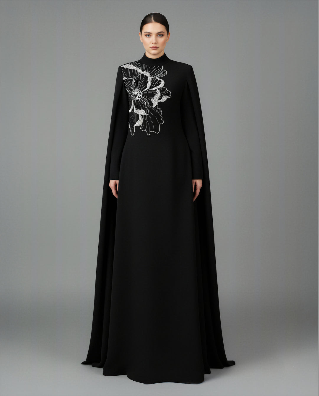 Long-sleeve flared dress with floral embellishment - BLOOM-1