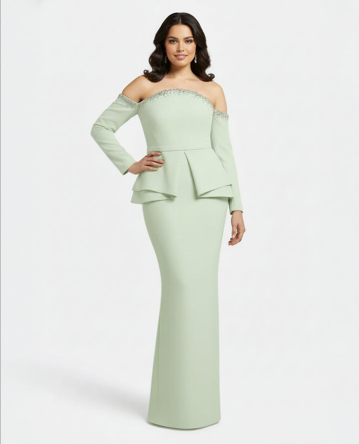 off-shoulder gown with embellished neckline and layered peplum – MINTELLE-1