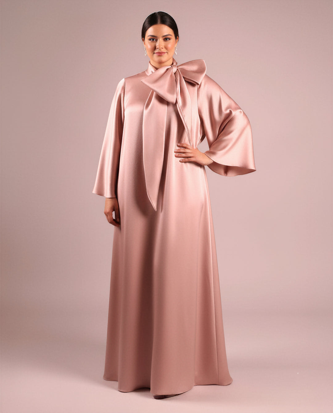 Long-sleeve satin gown with oversized neck bow – BLUSH-1