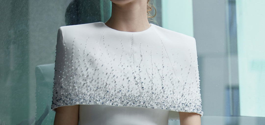 embellished cape-detail column gown – QOLEII