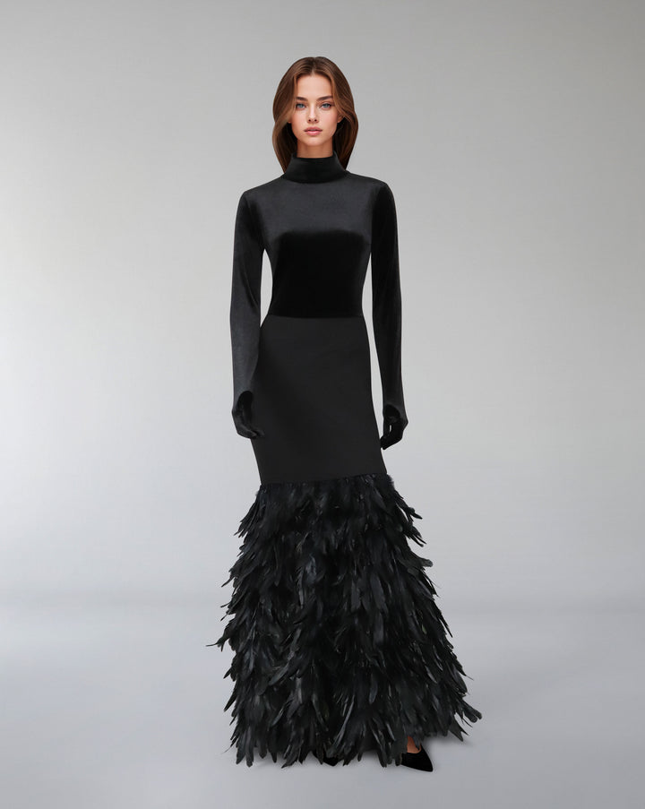 Long sleeve dress with velvet top and feathered fishtail train - NYLA