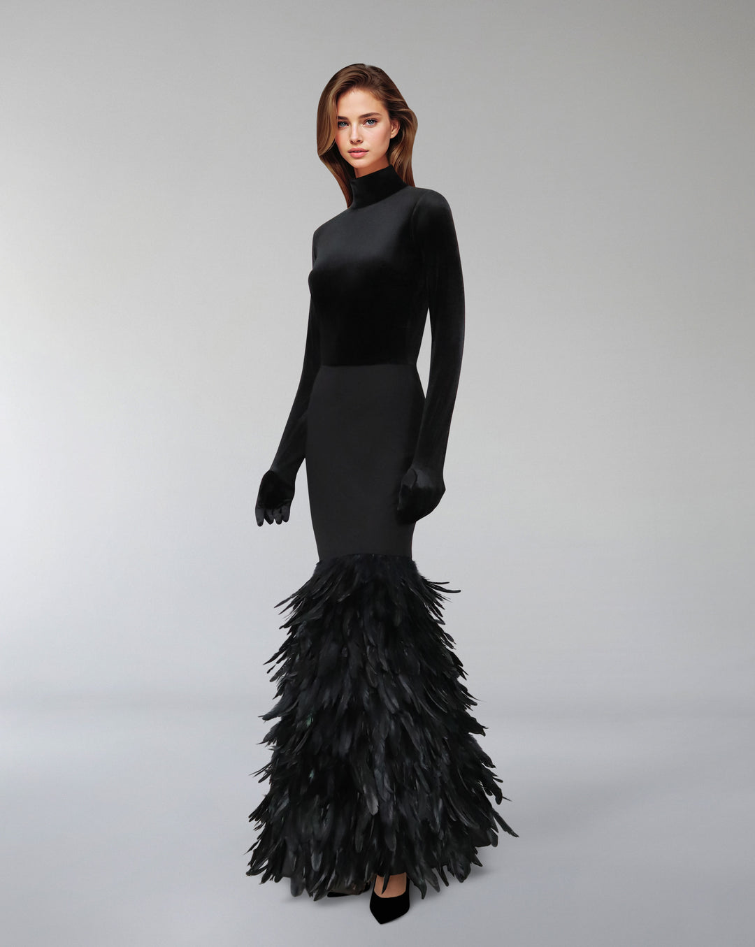 Long sleeve dress with velvet top and feathered fishtail train - NYLA