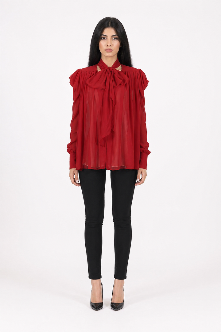 Red Sheer Bow Tie Blouse – RUBÉLLE