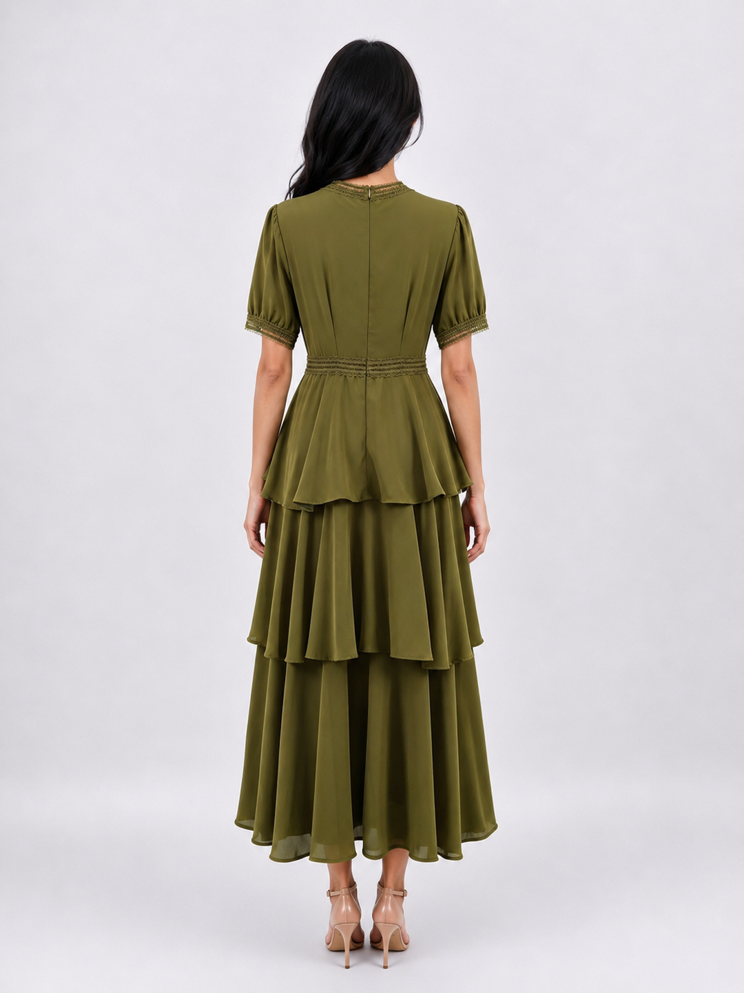 Olive Tiered Chiffon Midi Dress - Harmony