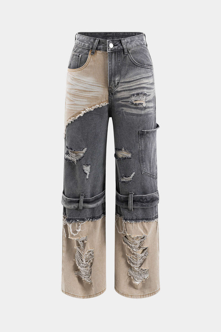 Denim Patchwork Ripped Button Pocket Jeans