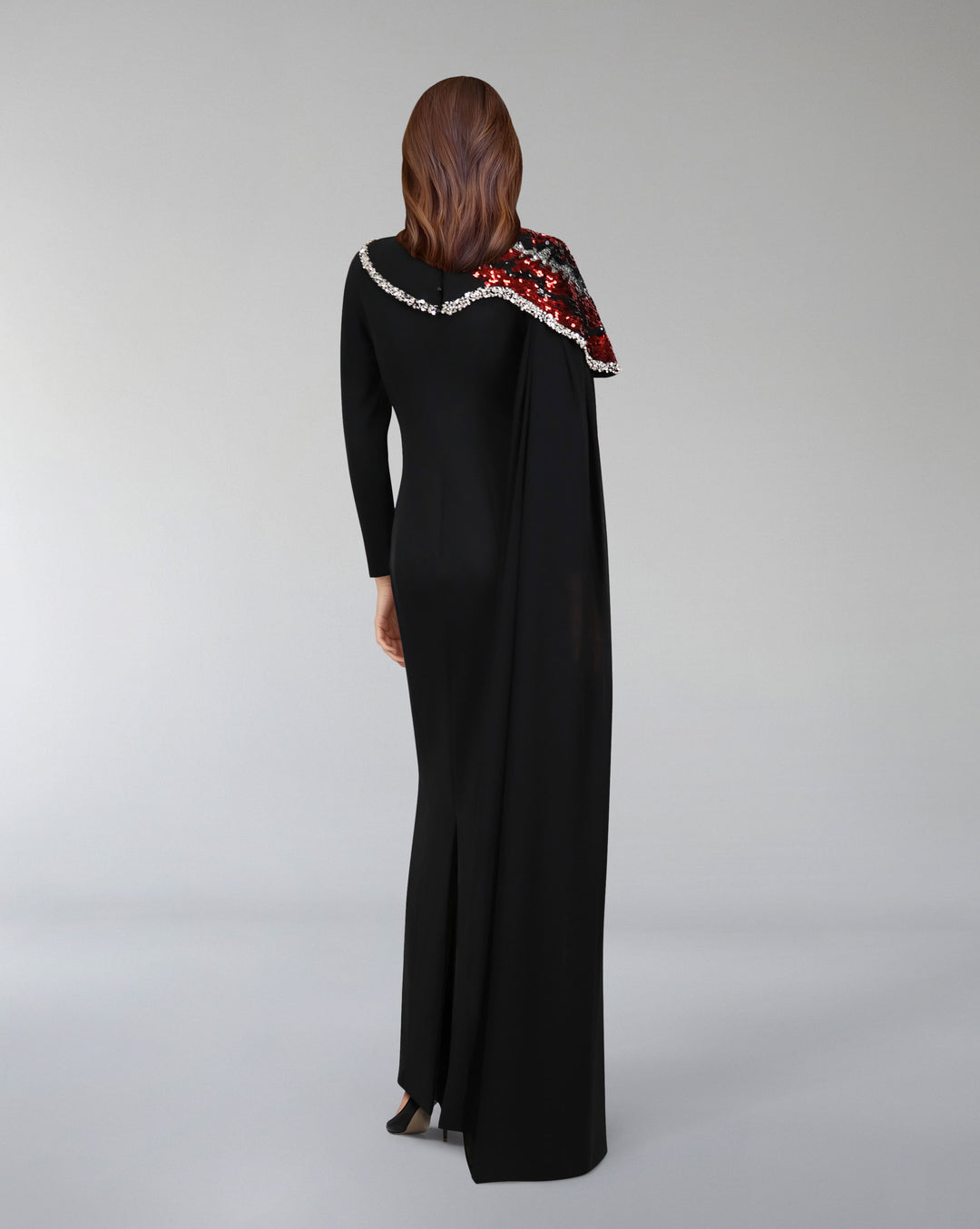 one-shoulder embellished column gown with sequin motif – REVAKTO