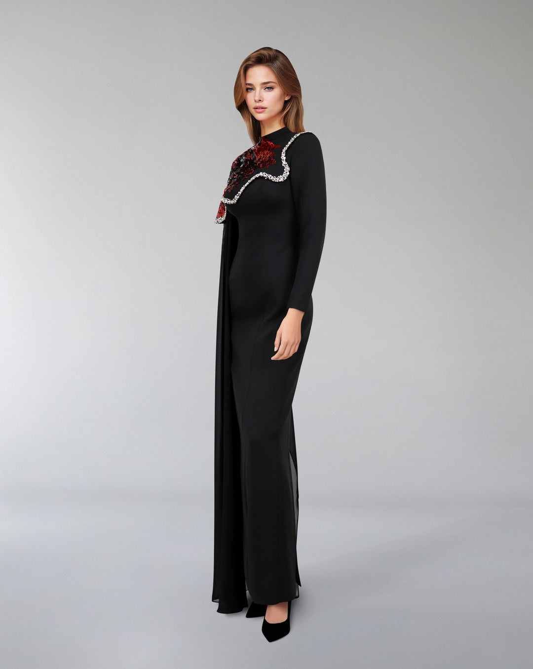 one-shoulder embellished column gown with sequin motif – REVAKTO