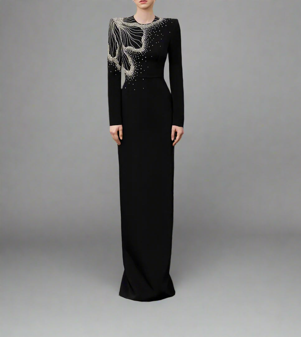 Long-Sleeve Column Dress with Beaded Floral Detail - CELESTE