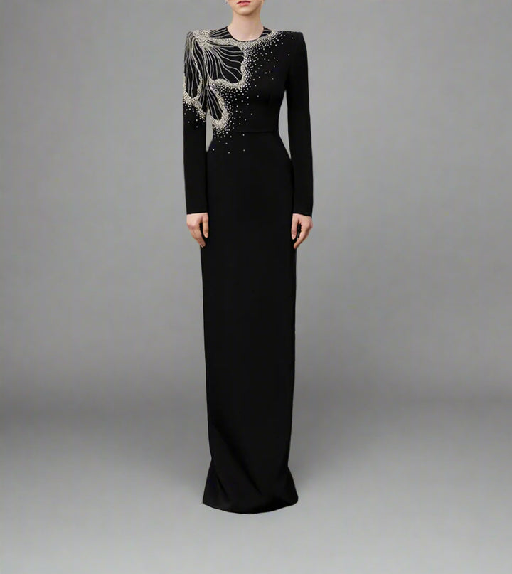 Long-Sleeve Column Dress with Beaded Floral Detail - CELESTE