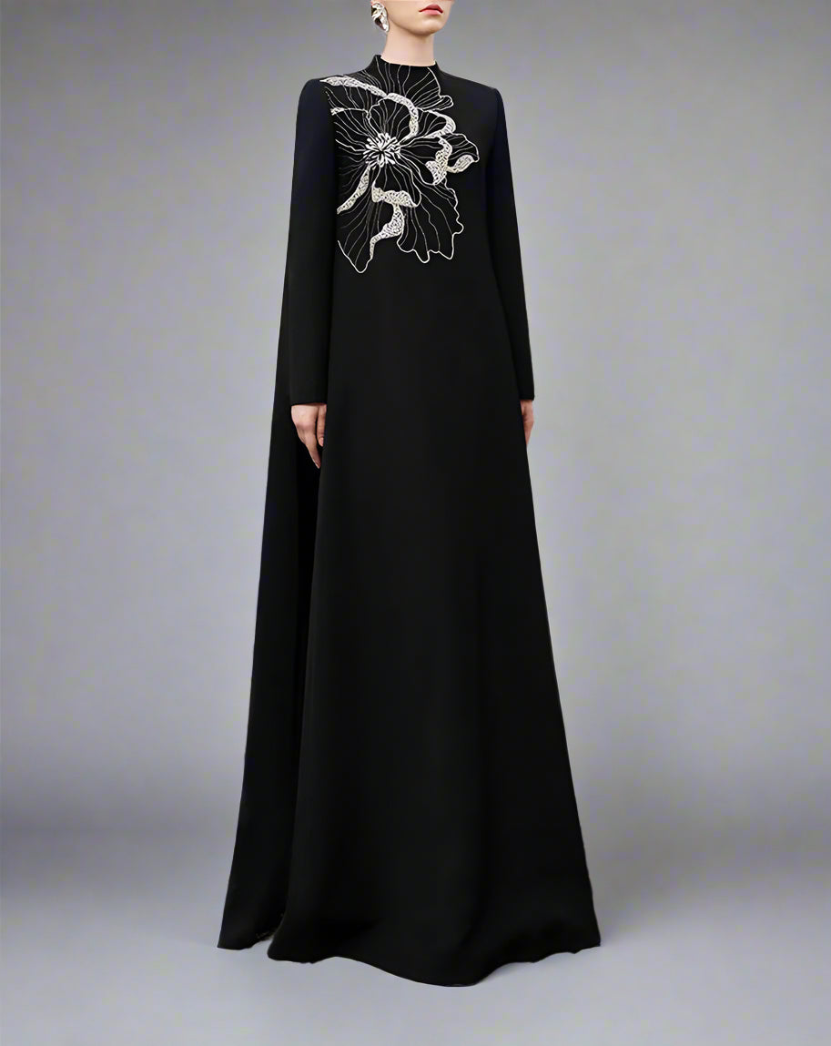 Long-sleeve flared dress with floral embellishment - BLOOM