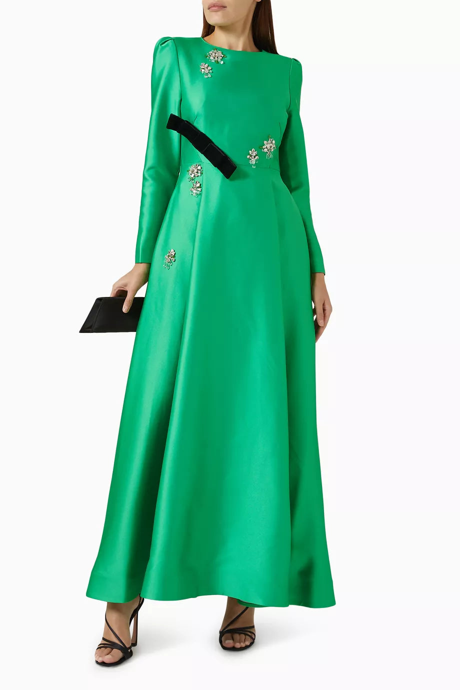 embellished satin gown with contrast belt – Rolien