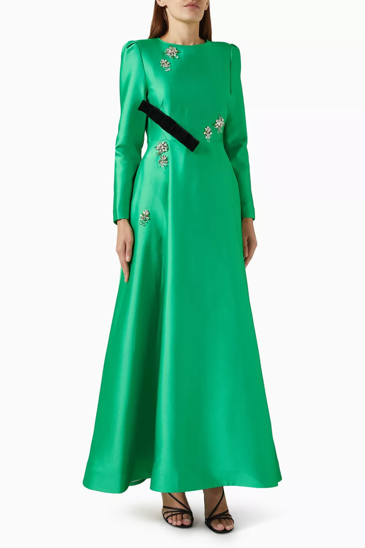 embellished satin gown with contrast belt – Rolien