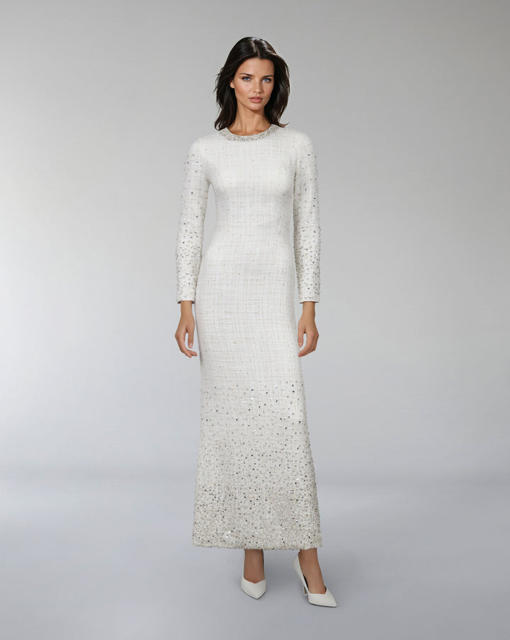 Long-Sleeve Beaded Column Dress - CELESTE